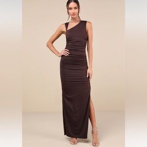Enticing Darling Dark Brown Asymmetrical Ruched Maxi Dress
